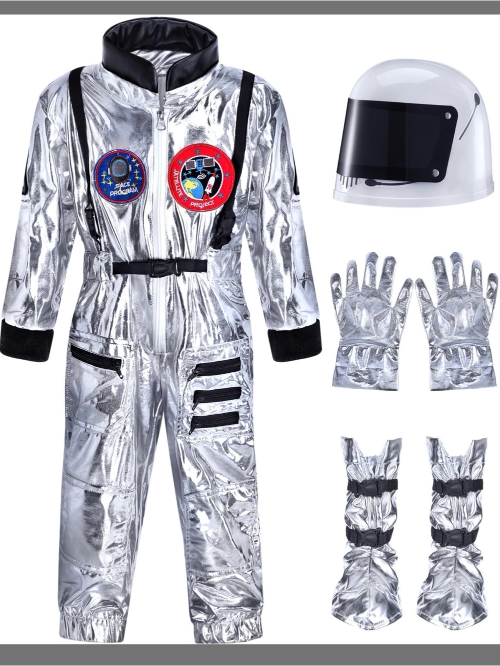 Silver Astronaut Costume Kids  Helmet Jumpsuit Gloves Shoe 5-7